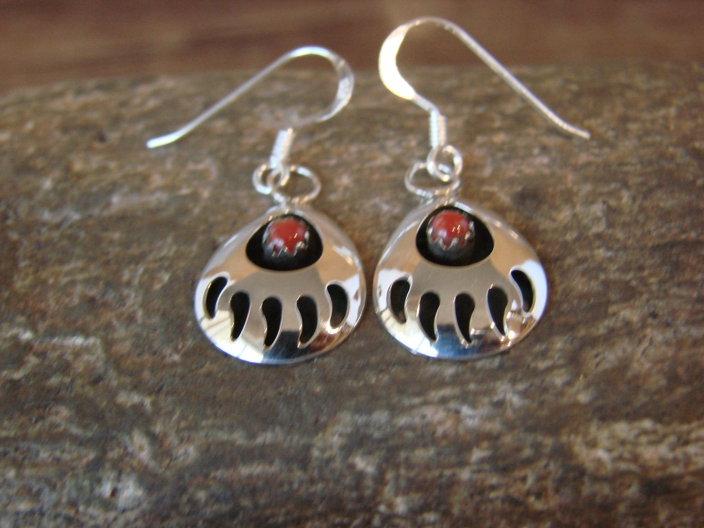 Navajo Indian Sterling Silver & Coral Bear Paw Dangle Earrings - Parker