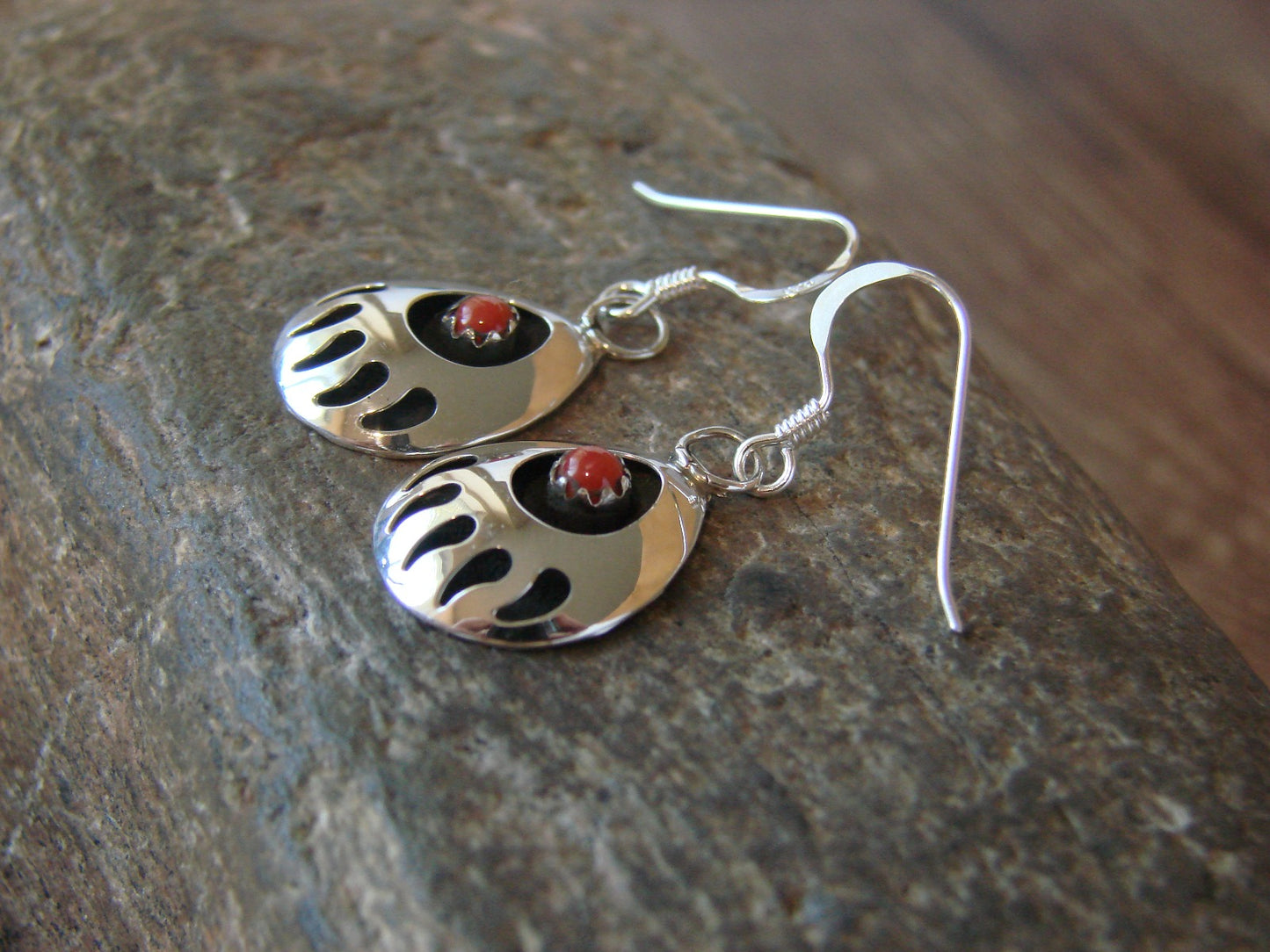 Navajo Indian Sterling Silver & Coral Bear Paw Dangle Earrings - Parker