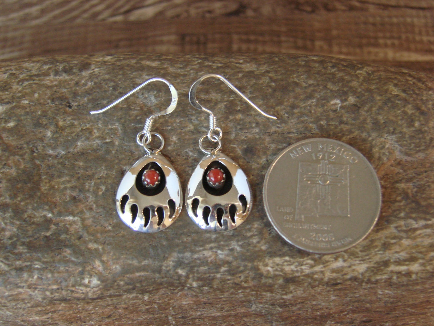 Navajo Indian Sterling Silver & Coral Bear Paw Dangle Earrings - Parker