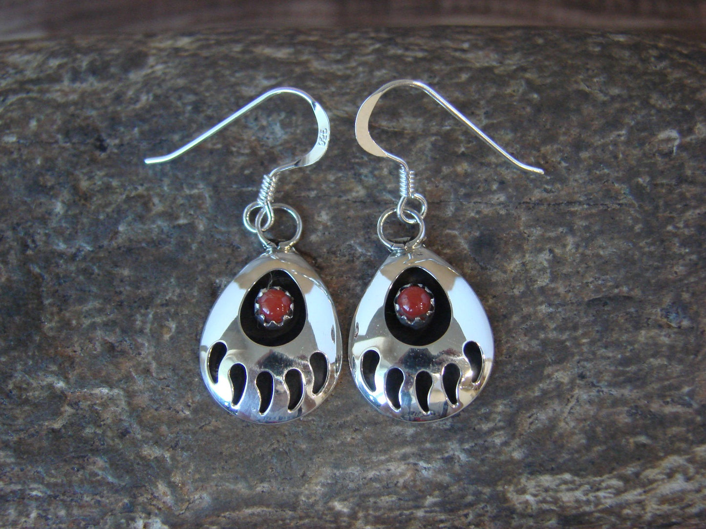 Navajo Indian Sterling Silver & Coral Bear Paw Dangle Earrings - Parker
