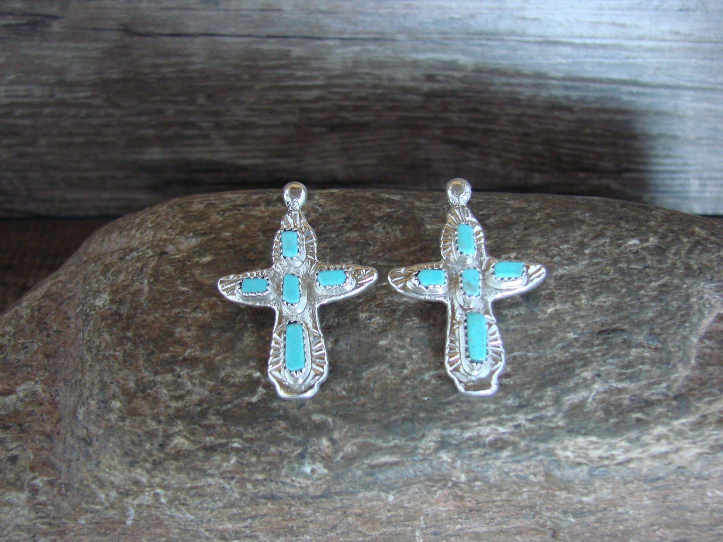 Native American Sterling Silver & Turquoise Cross Earrings Signed C. Iule