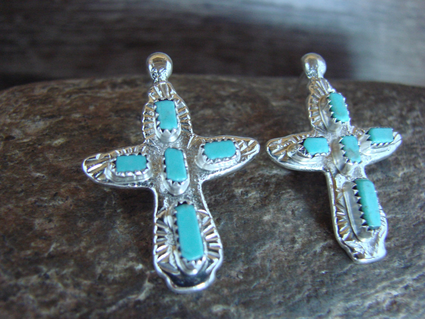 Native American Sterling Silver & Turquoise Cross Earrings Signed C. Iule