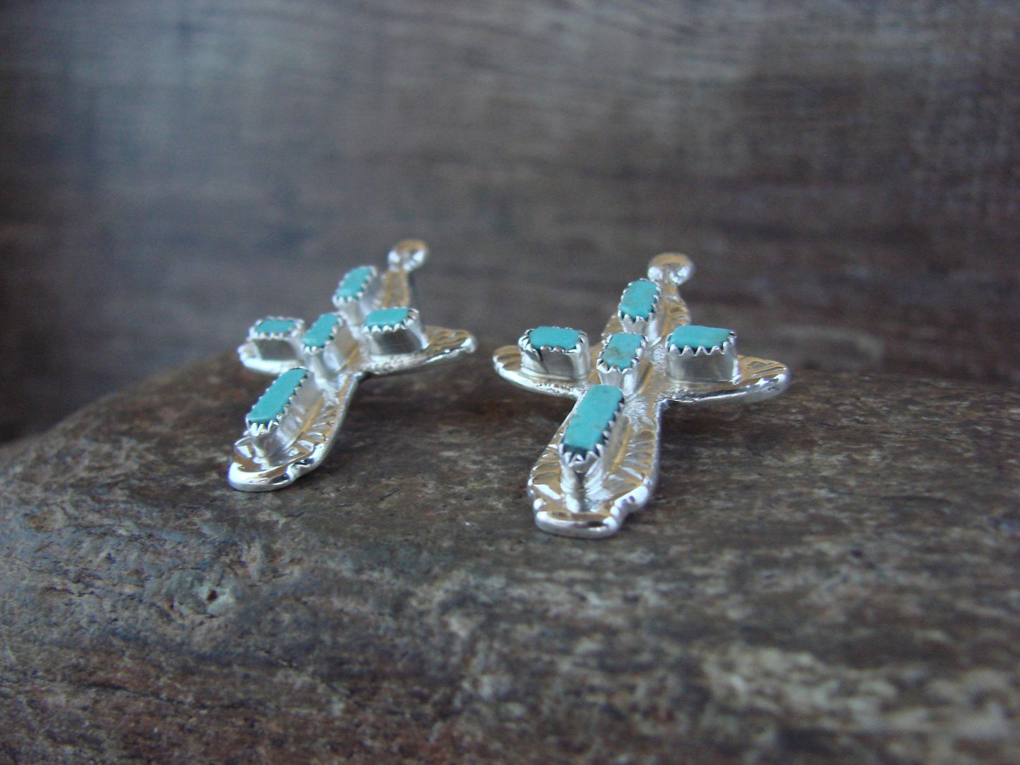 Native American Sterling Silver & Turquoise Cross Earrings Signed C. Iule