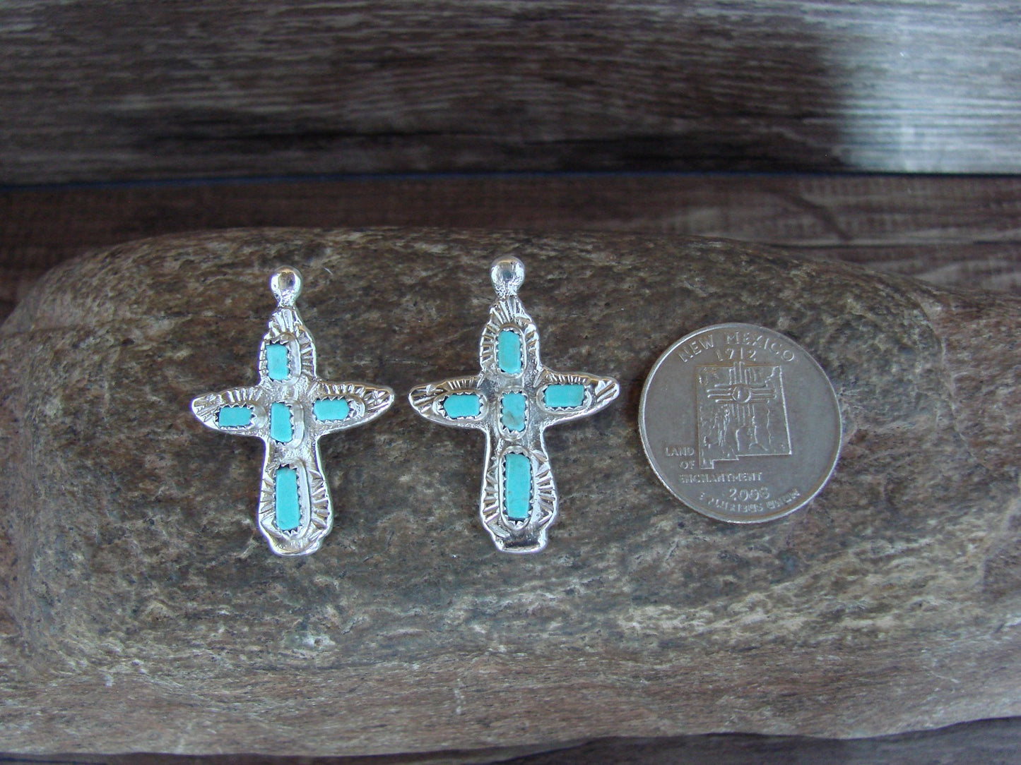 Native American Sterling Silver & Turquoise Cross Earrings Signed C. Iule