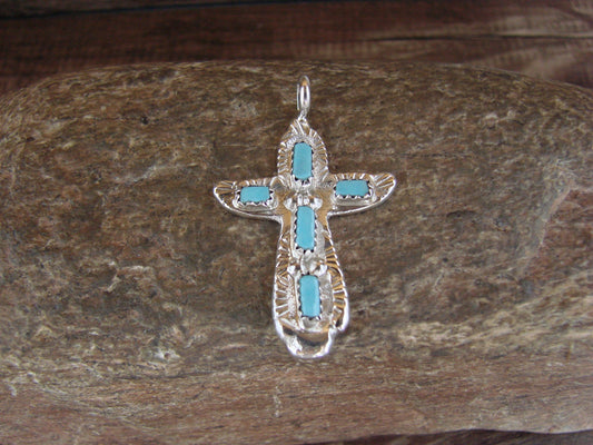 Zuni Indian Sterling Silver Turquoise Cross Pendant by C. Iule