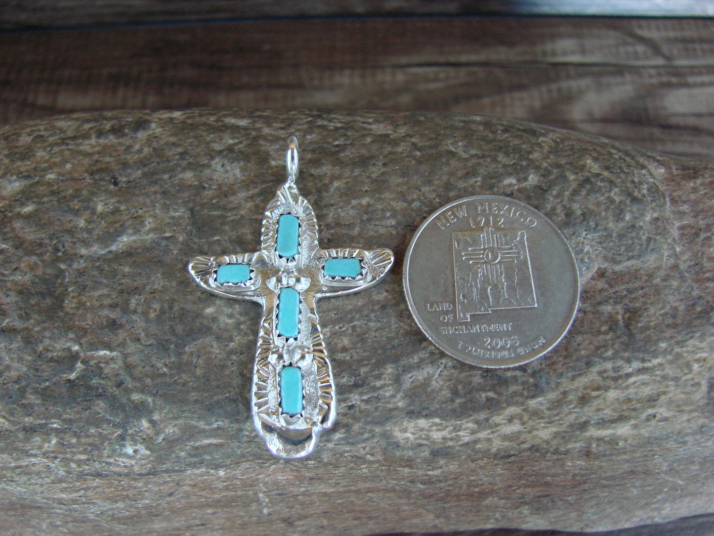 Zuni Indian Sterling Silver Turquoise Cross Pendant by C. Iule