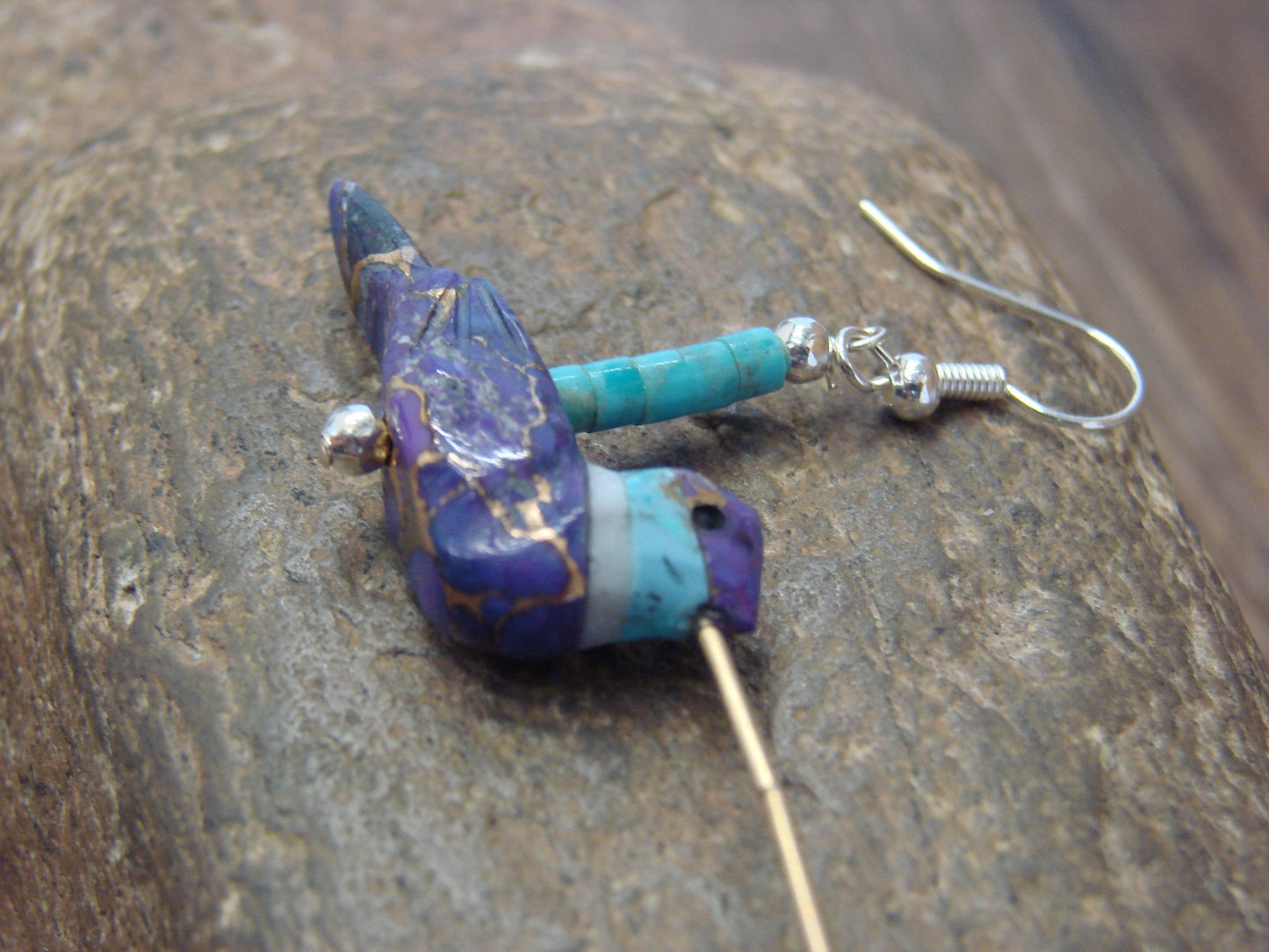 Purple Mohave Turquoise Bronze Aggregate Hummingbird Fetish Earrings - Mitchell