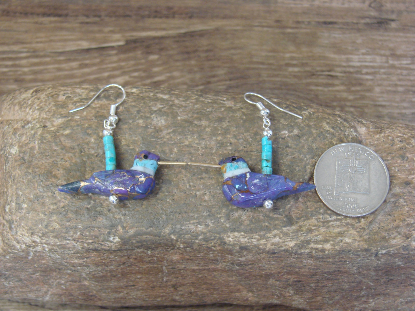 Purple Mohave Turquoise Bronze Aggregate Hummingbird Fetish Earrings - Mitchell