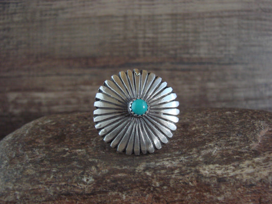 Native American Sterling Silver & Turquoise Concho Ring by Dinetso - Size 5.5