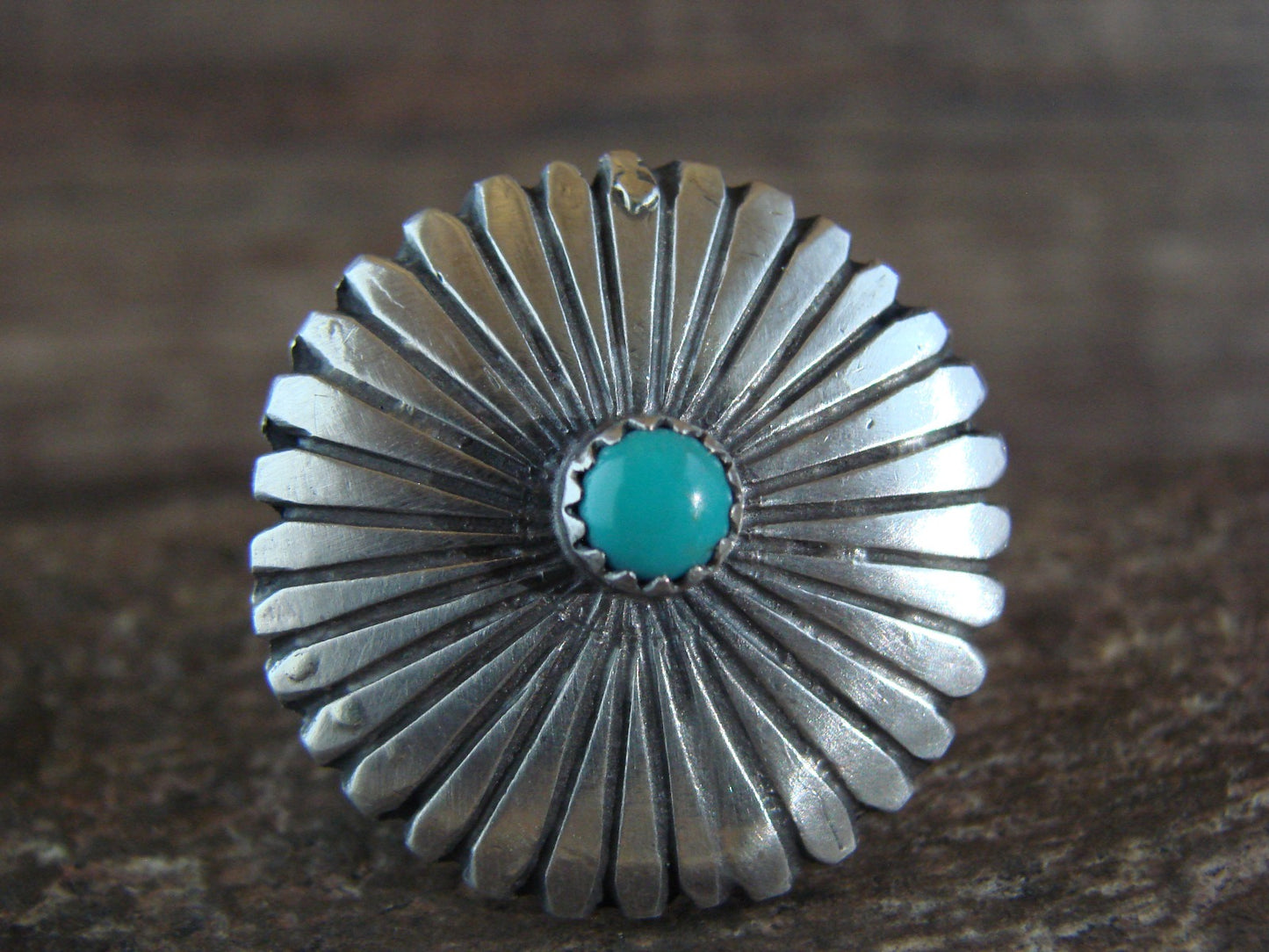 Native American Sterling Silver & Turquoise Concho Ring by Dinetso - Size 5.5