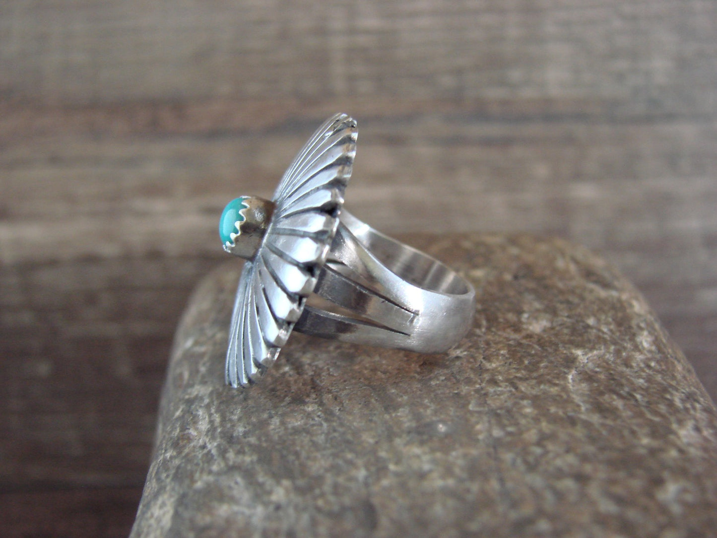 Native American Sterling Silver & Turquoise Concho Ring by Dinetso - Size 5.5