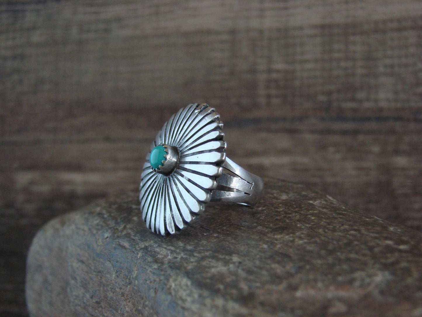 Native American Sterling Silver & Turquoise Concho Ring by Dinetso - Size 5.5