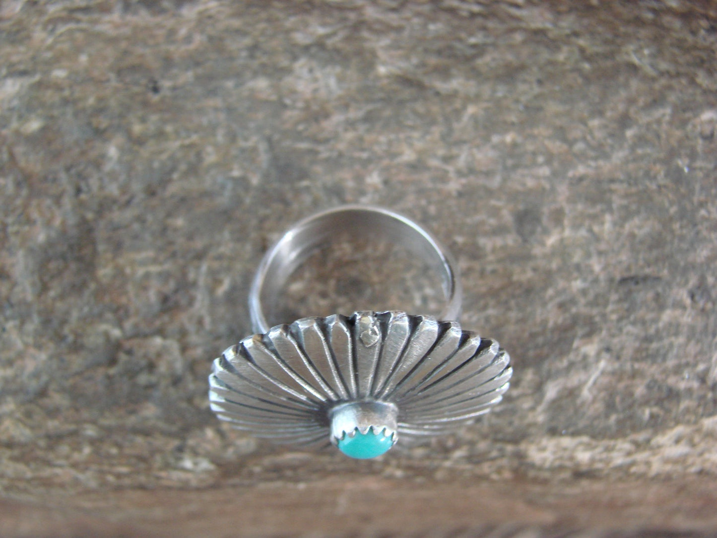 Native American Sterling Silver & Turquoise Concho Ring by Dinetso - Size 5.5