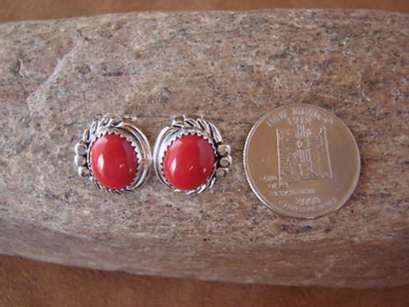Navajo Sterling Silver Coral Post Earrings by Delores Cadman