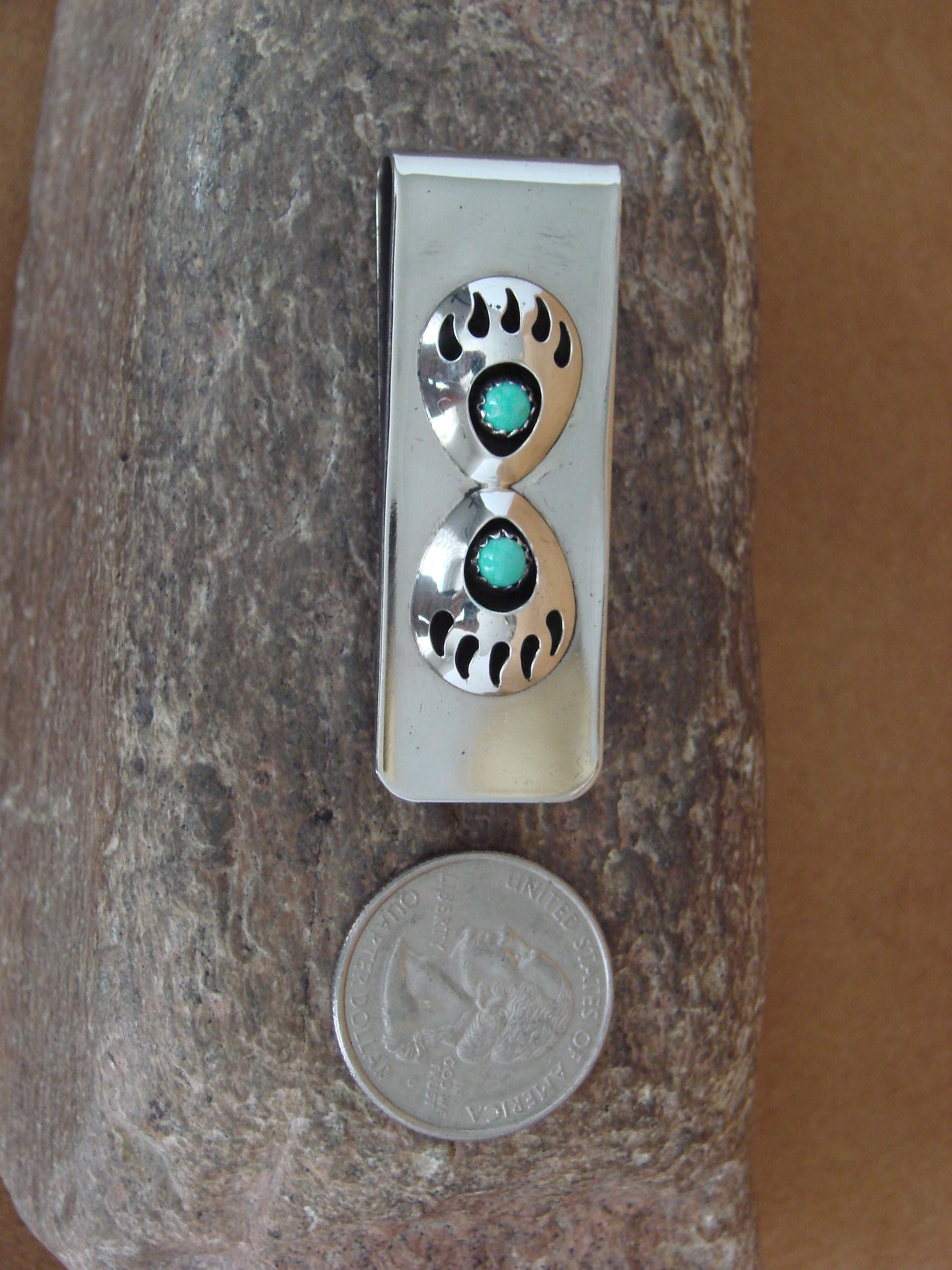 Native American Indian Sterling Silver & Turquoise Bear Paw Money Clip