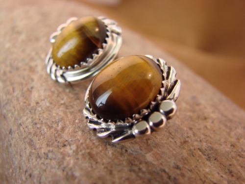 Native American Sterling Silver Tiger Eye Post Earrings by Delores Cadman