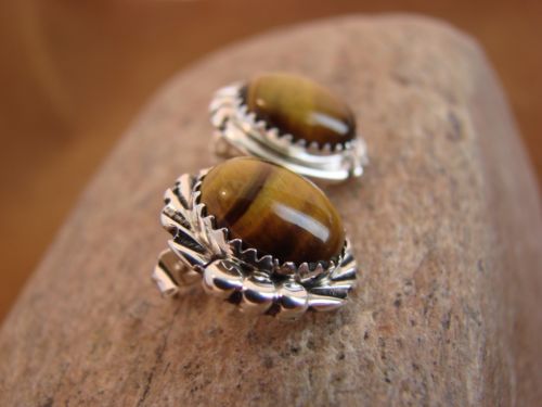 Native American Sterling Silver Tiger Eye Post Earrings by Delores Cadman
