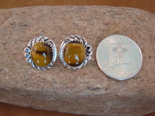 Native American Sterling Silver Tiger Eye Post Earrings by Delores Cadman