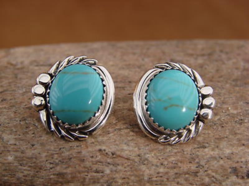 Navajo Indian Sterling Silver Turquoise Post Earrings by Delores Cadman
