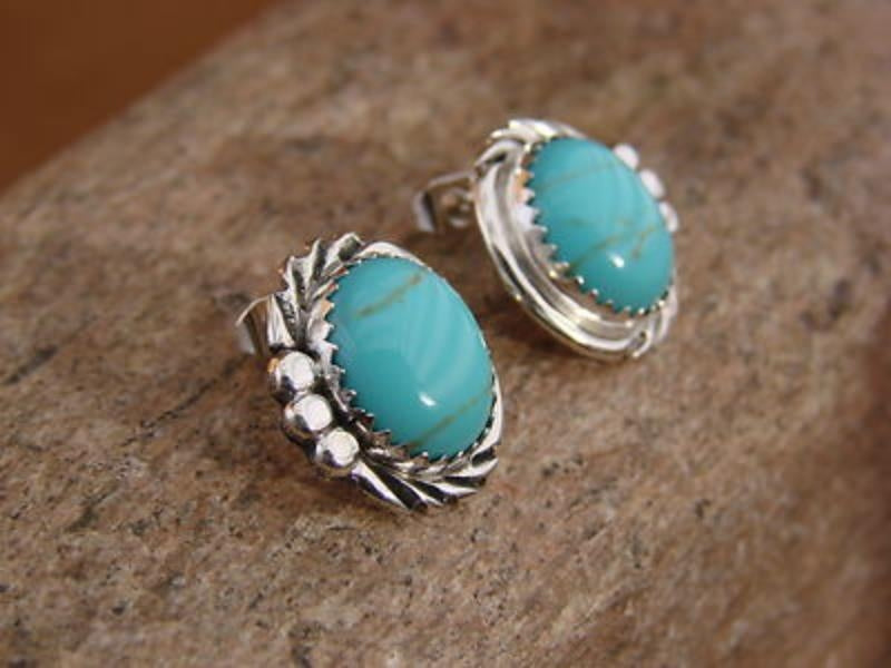 Navajo Indian Sterling Silver Turquoise Post Earrings by Delores Cadman