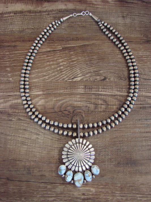 Native American 16" Sterling Silver & Turquoise Navajo Pearl Necklace - Tom Lewis