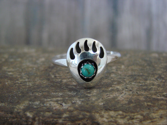 Native American Sterling Silver Turquoise Bear Paw Ring by Parker - Size 7.5