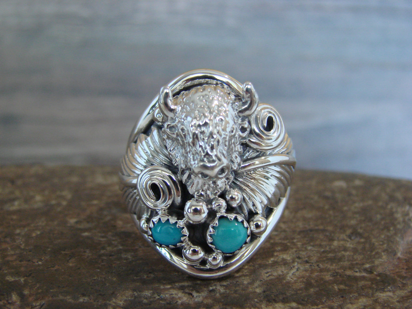 Native American Sterling Silver Buffalo & Turquoise Ring Size 11.5 - Morgan