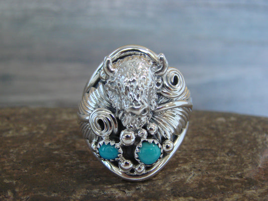 Native American Sterling Silver Buffalo & Turquoise Ring Size 14 - Morgan