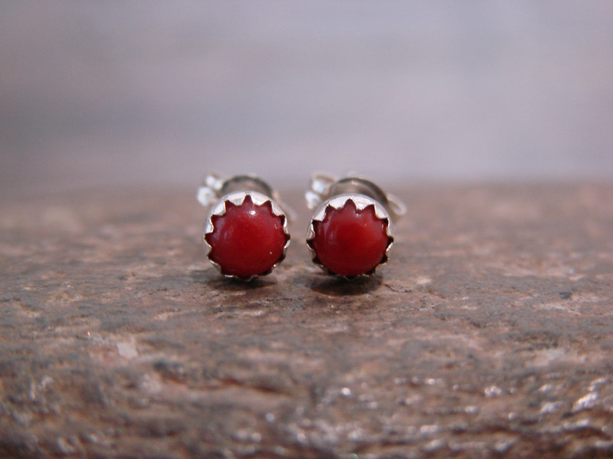 Native American Sterling Silver & Coral Dot Stud Post Earrings by Chee