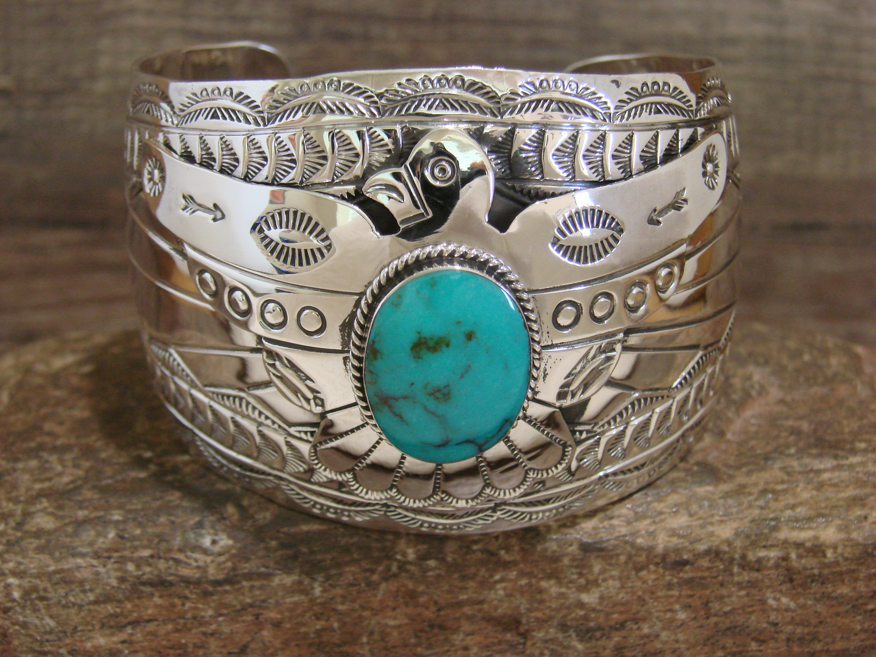 Native American Sterling Silver & Turquoise Eagle Bracelet Signed 