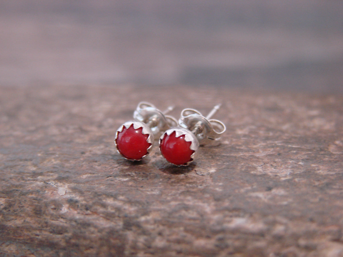 Native American Sterling Silver & Coral Dot Stud Post Earrings by Chee