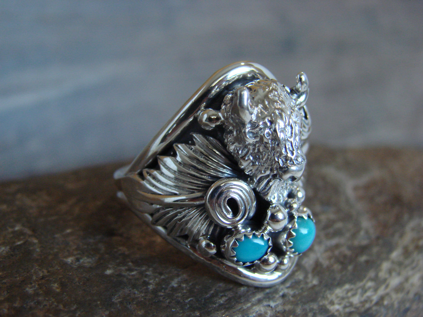 Native American Sterling Silver Buffalo & Turquoise Ring Size 11.5 - Morgan
