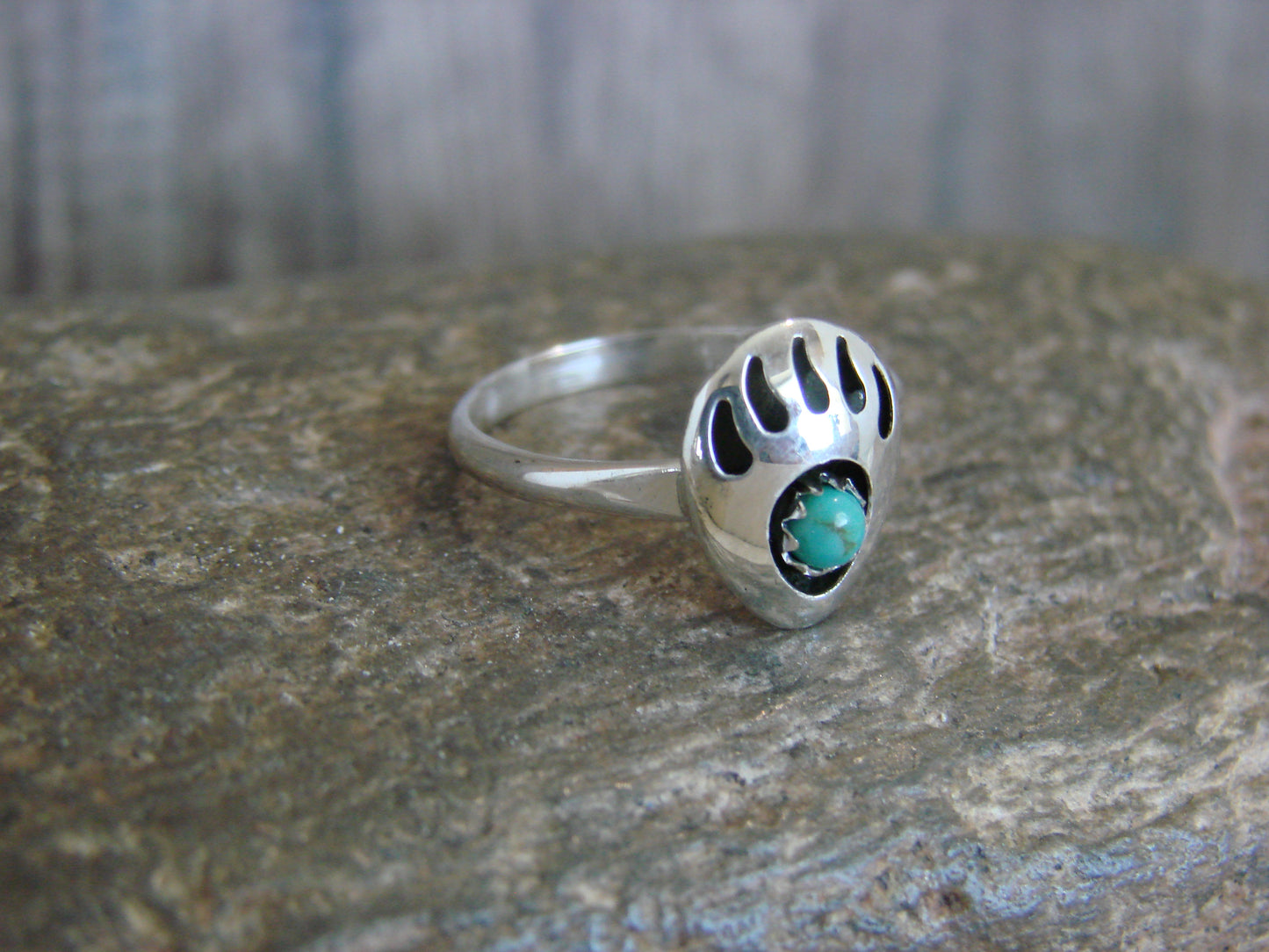 Native American Sterling Silver Turquoise Bear Paw Ring by Parker - Size 5