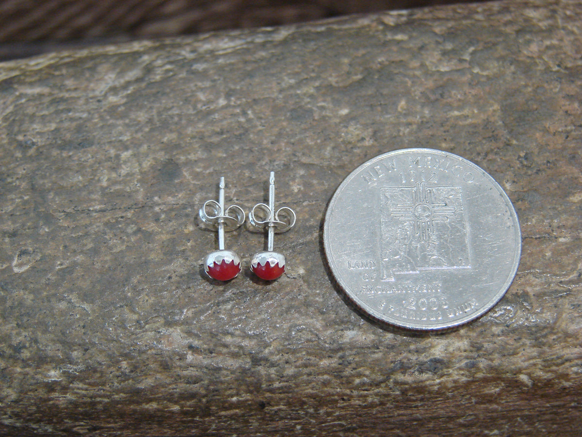 Native American Sterling Silver & Coral Dot Stud Post Earrings by Chee