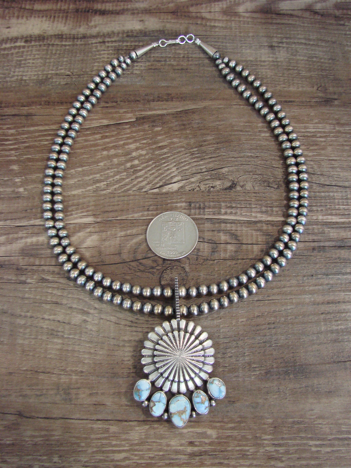 Native American 16" Sterling Silver & Turquoise Navajo Pearl Necklace - Tom Lewis