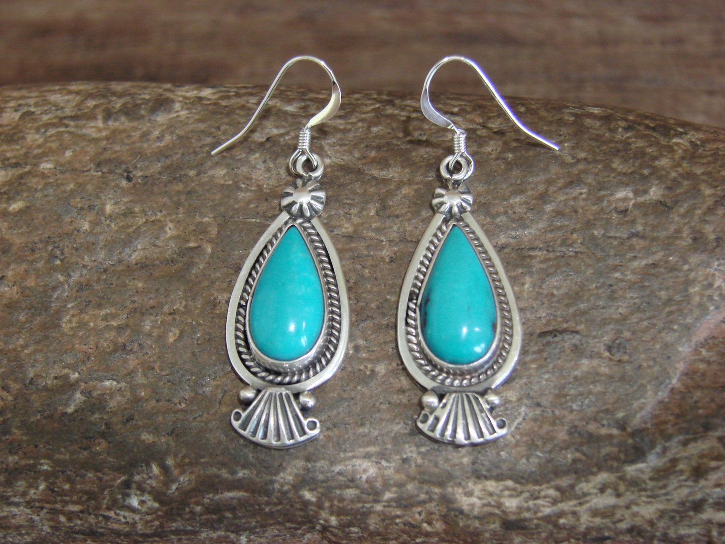 Native American Sterling Silver & Turquoise  Dangle Earrings - Betone