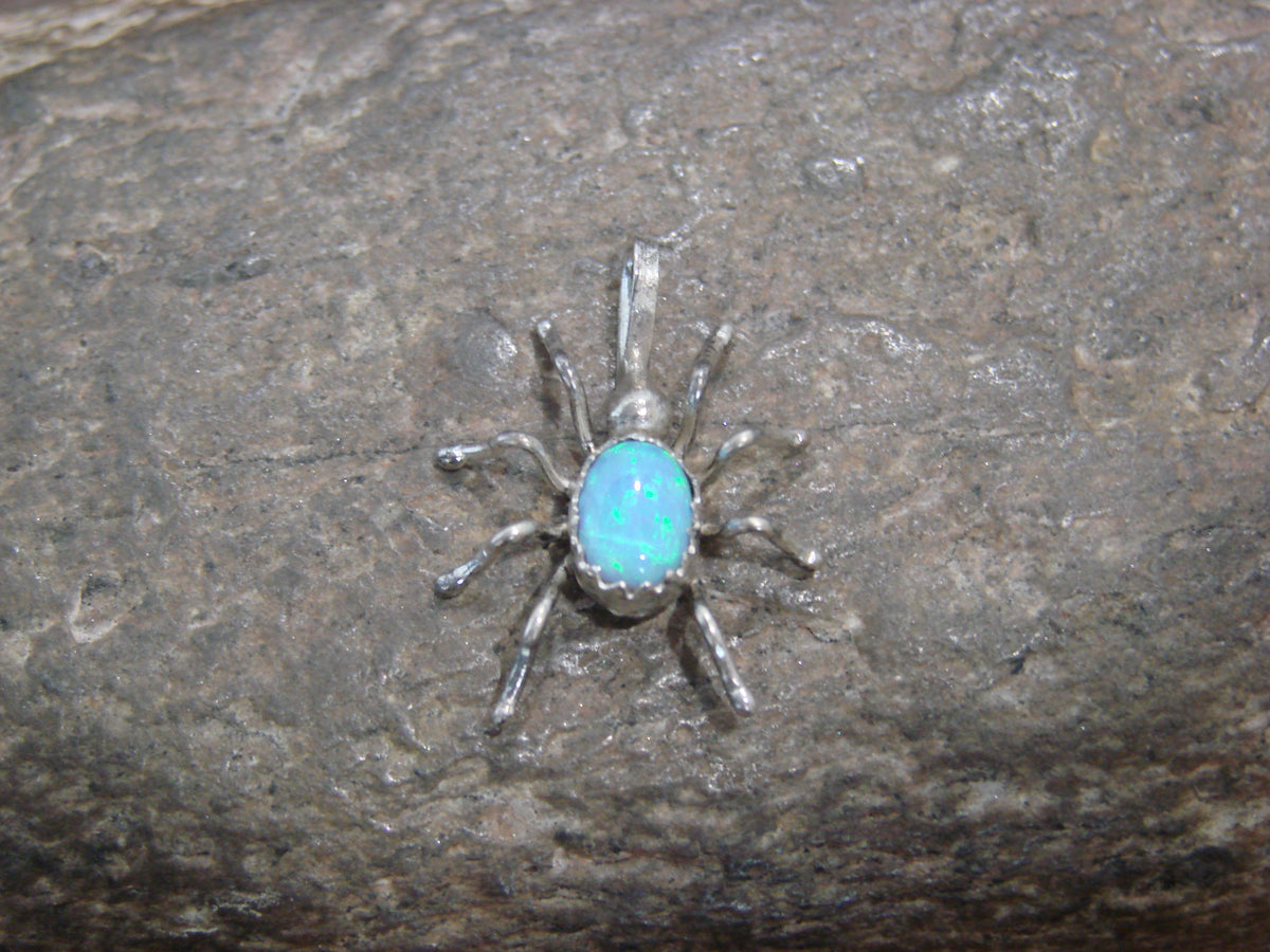 Native American Sterling Silver Blue Opal Spider Charm Pendant - Garfield