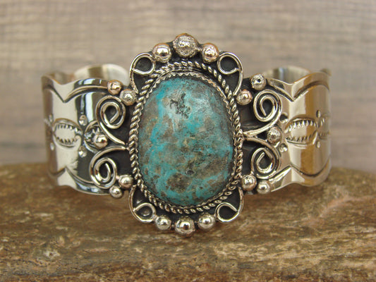 Native American Nickel Silver & Turquoise Bracelet by Cleveland