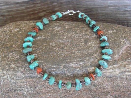 Native American Sterling Silver Turquoise & Coral Nugget Stone Bracelet by Coriz