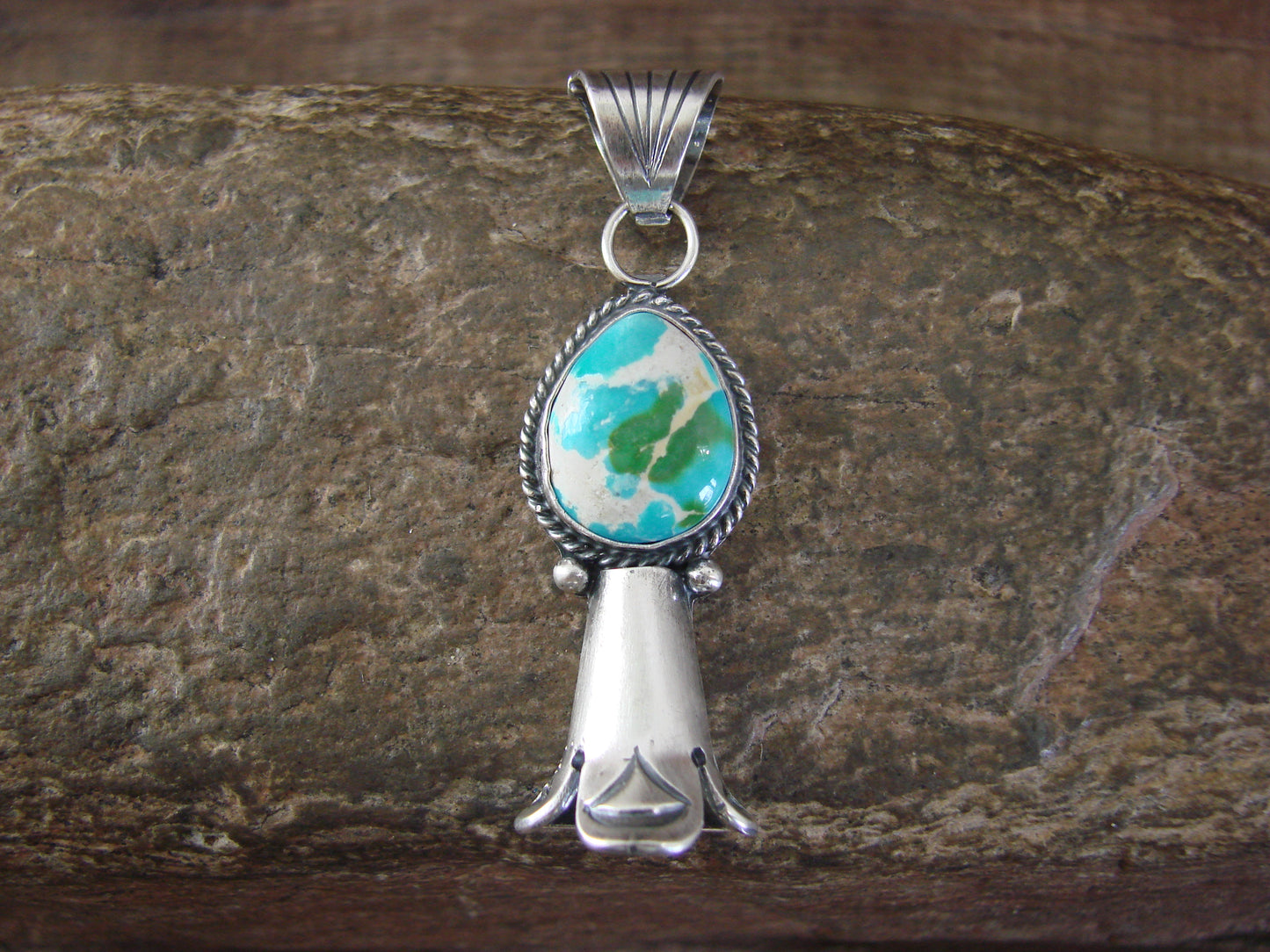 Native American Sterling Silver & Turquoise Squash Blossom Pendant by Betone