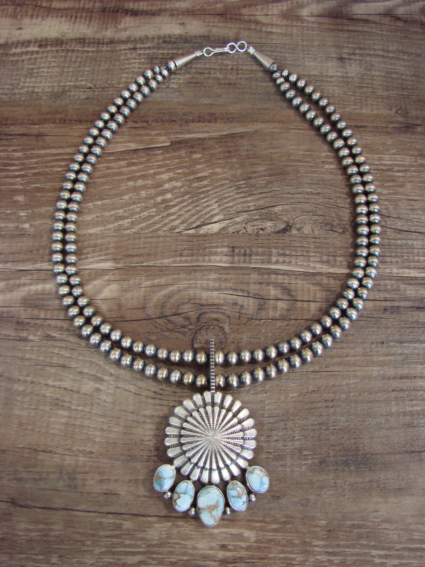 Native American 16" Sterling Silver & Turquoise Navajo Pearl Necklace - Tom Lewis