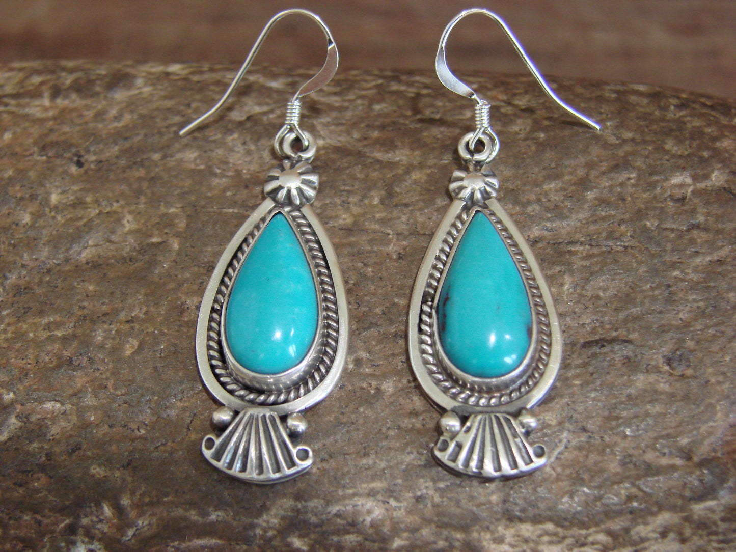 Native American Sterling Silver & Turquoise  Dangle Earrings - Betone