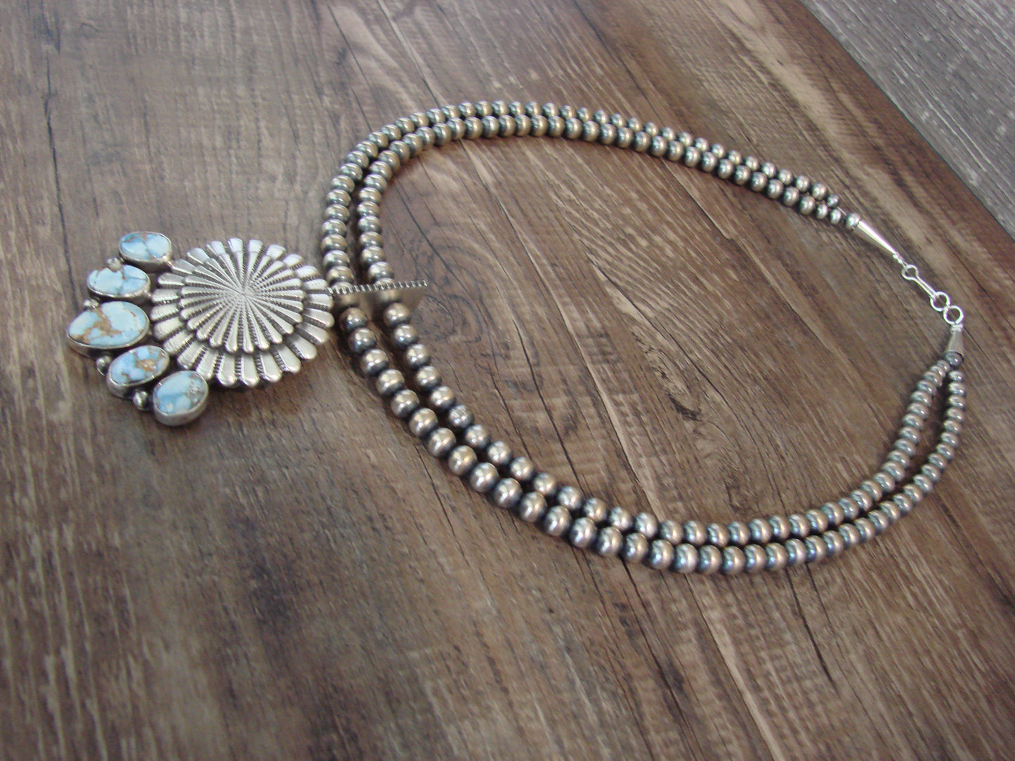 Native American 16" Sterling Silver & Turquoise Navajo Pearl Necklace - Tom Lewis