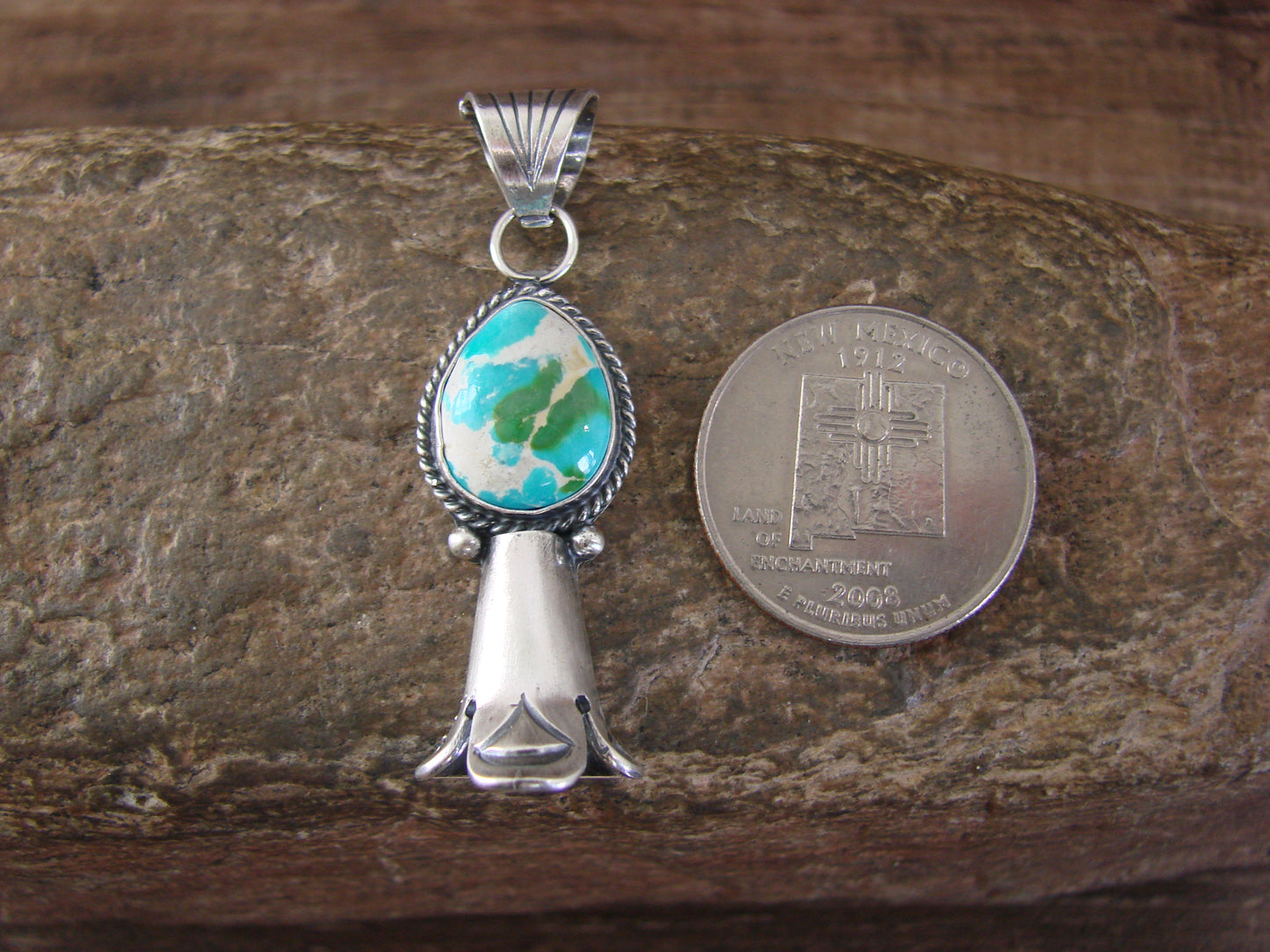 Native American Sterling Silver & Turquoise Squash Blossom Pendant by Betone