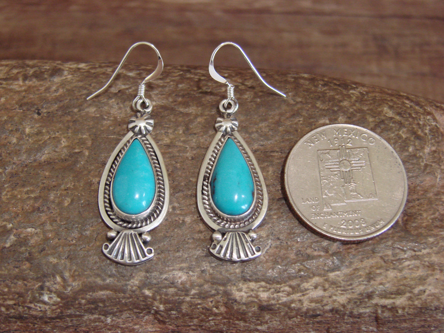 Native American Sterling Silver & Turquoise  Dangle Earrings - Betone