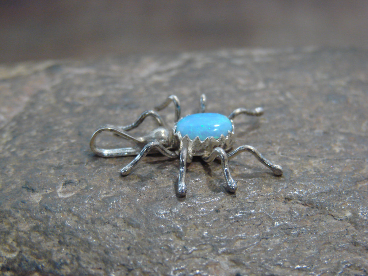 Native American Sterling Silver Blue Opal Spider Charm Pendant - Garfield