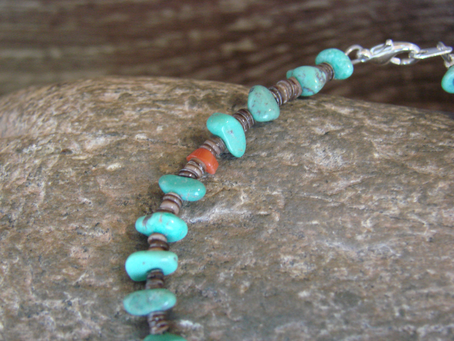 Native American Sterling Silver Turquoise & Coral Nugget Stone Bracelet by Coriz