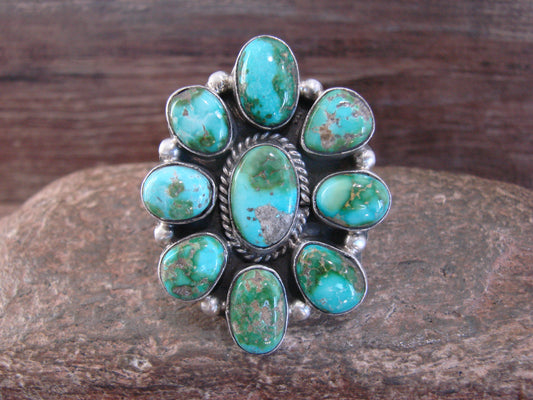 Large Native American Sterling Silver & Turquoise Cluster Ring - Williams - Size 8.5