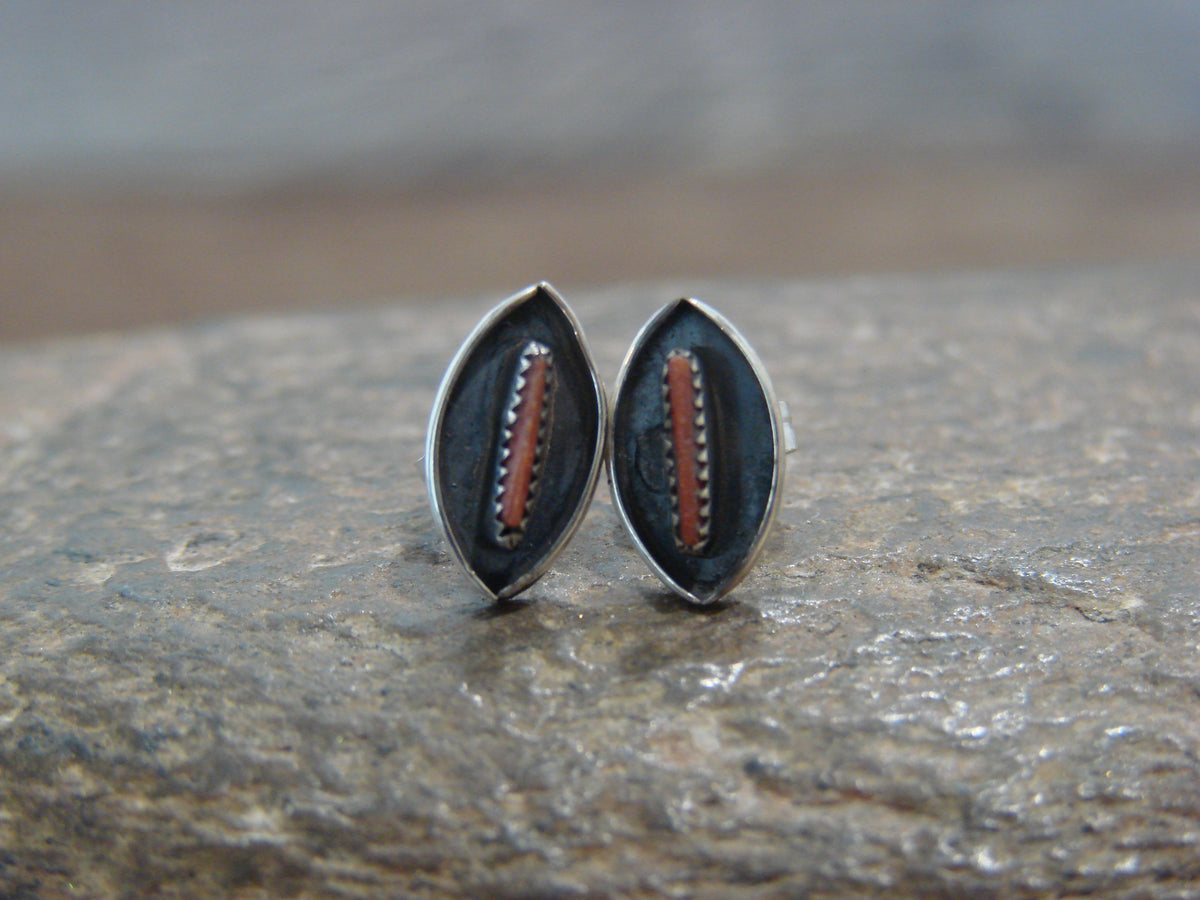 Native American Sterling Silver & Coral Needle Point Earrings by Othole