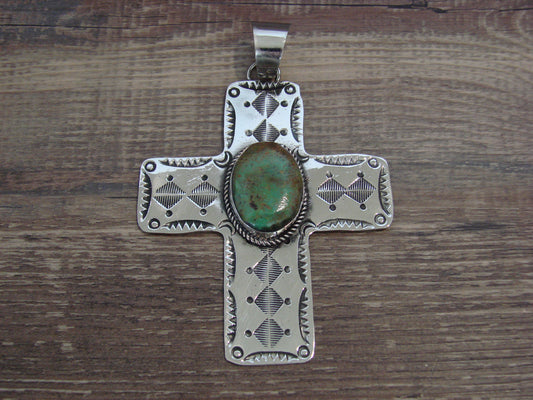 Large Native American Nickel Silver & Turquoise Cross Pendant - Cleveland